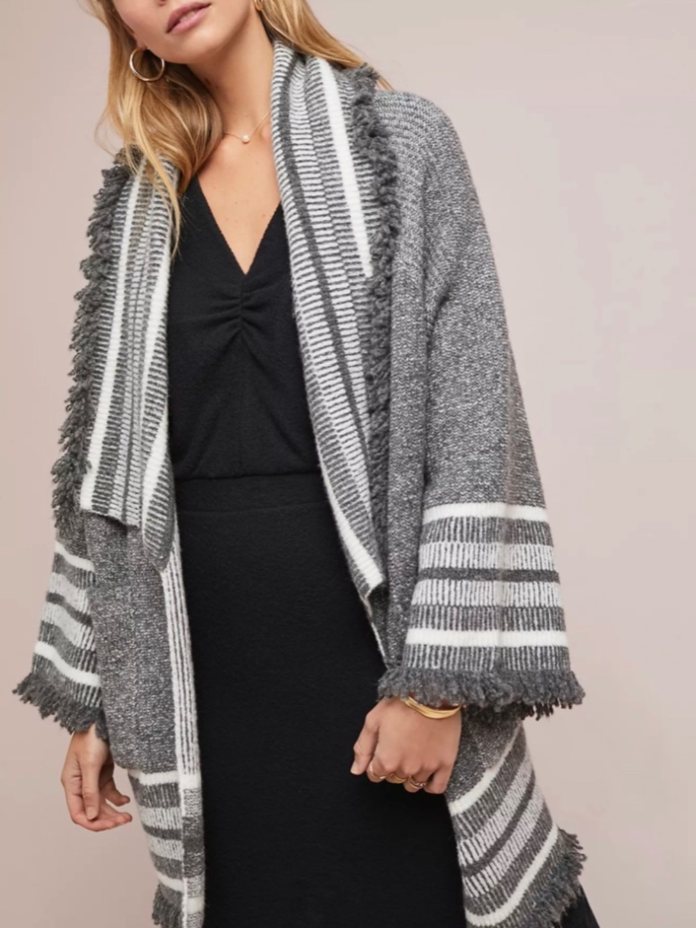 Anthro saturday sunday Kimono fringe cardigan Grey/cream Up TO XL Cozi boho